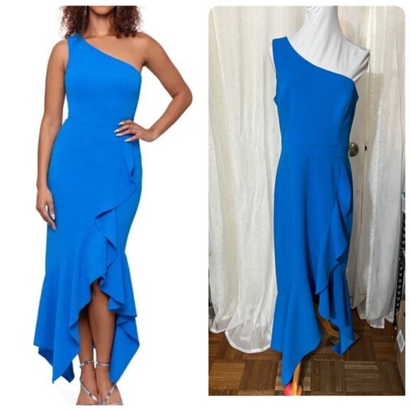 Xscape One Shoulder Asymmetric Hem Formal Gown Sz 12 in Blue NWOT - Picture 1 of 9